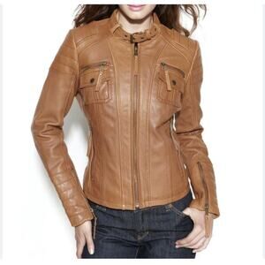Michael Kors Jacket Womens Medium Brown Leather Moto Biker Buckle Zip Pockets